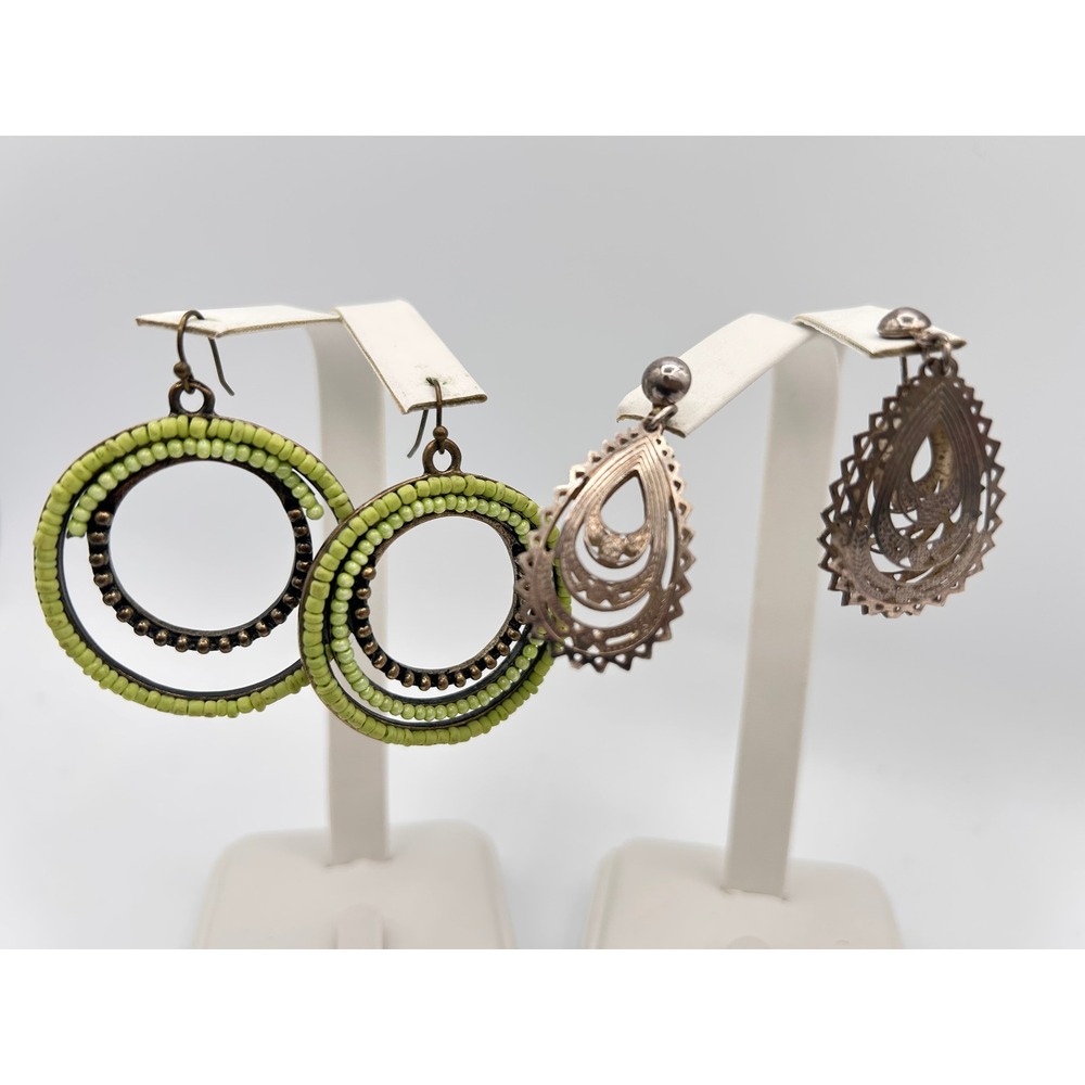 Earring Lot Women OS Green Silver Good Boho Beaded Teardrop Hoop